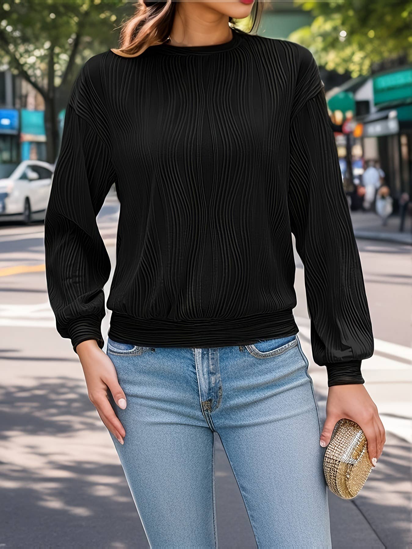 DROP SHOULDER ROUND NECK KNIT SOLID COLOR T-SHIRT