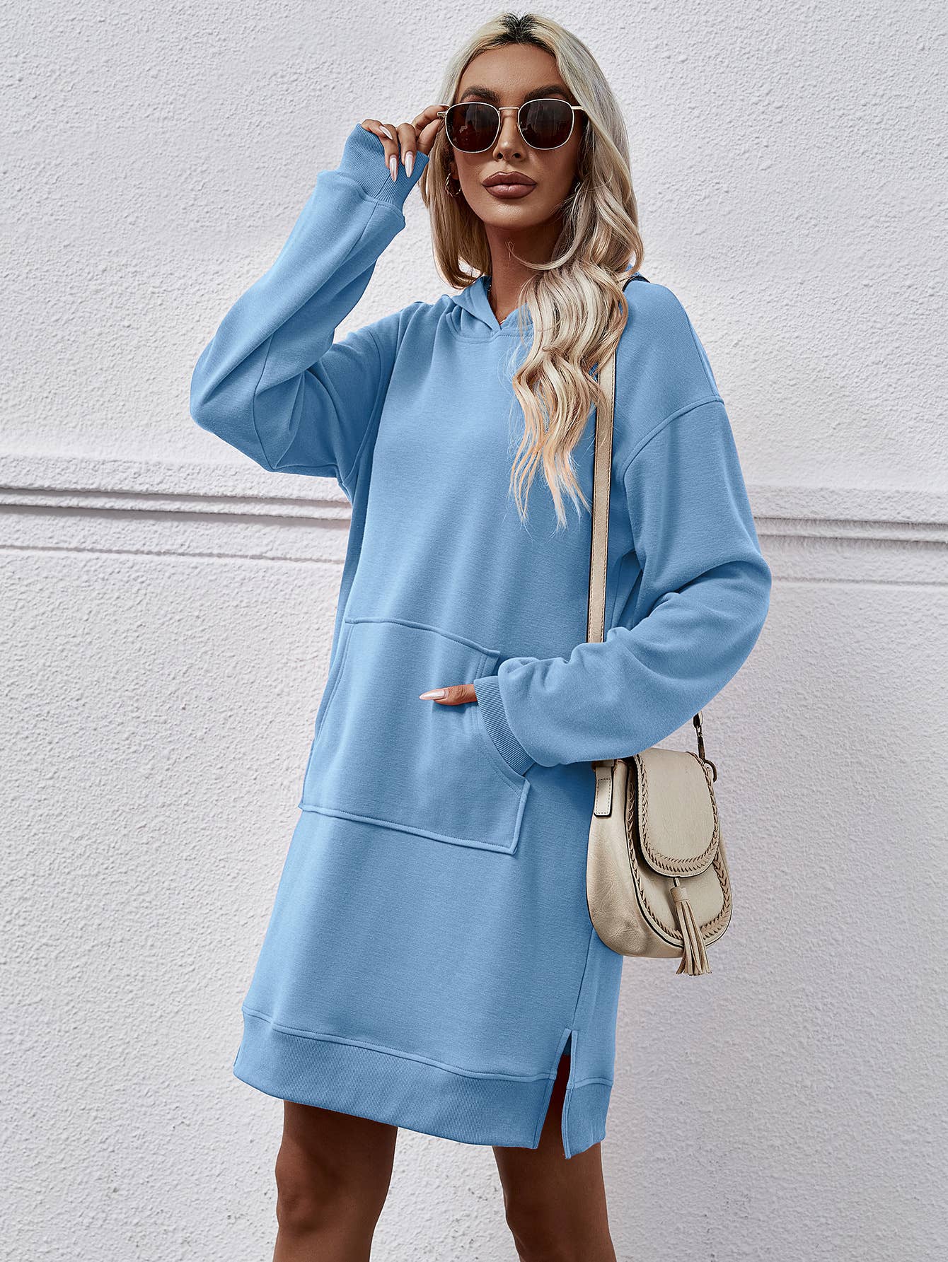 Hooded long-sleeved kangaroo pocket split dress
