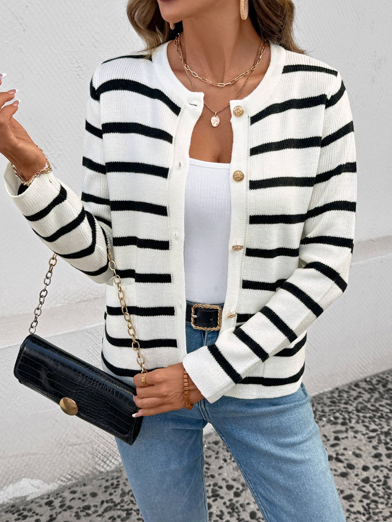 Striped color-blocking long sleeve knit cardigan