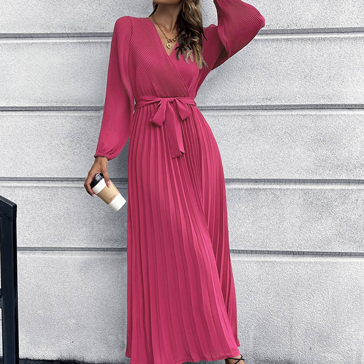 V-neck long sleeve pleated A-line long dress