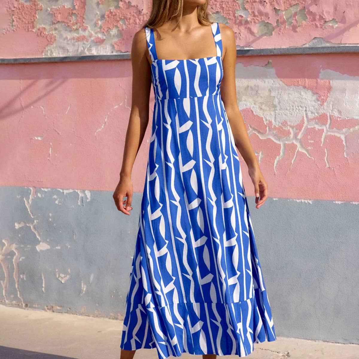 Holiday style French halter print long dress