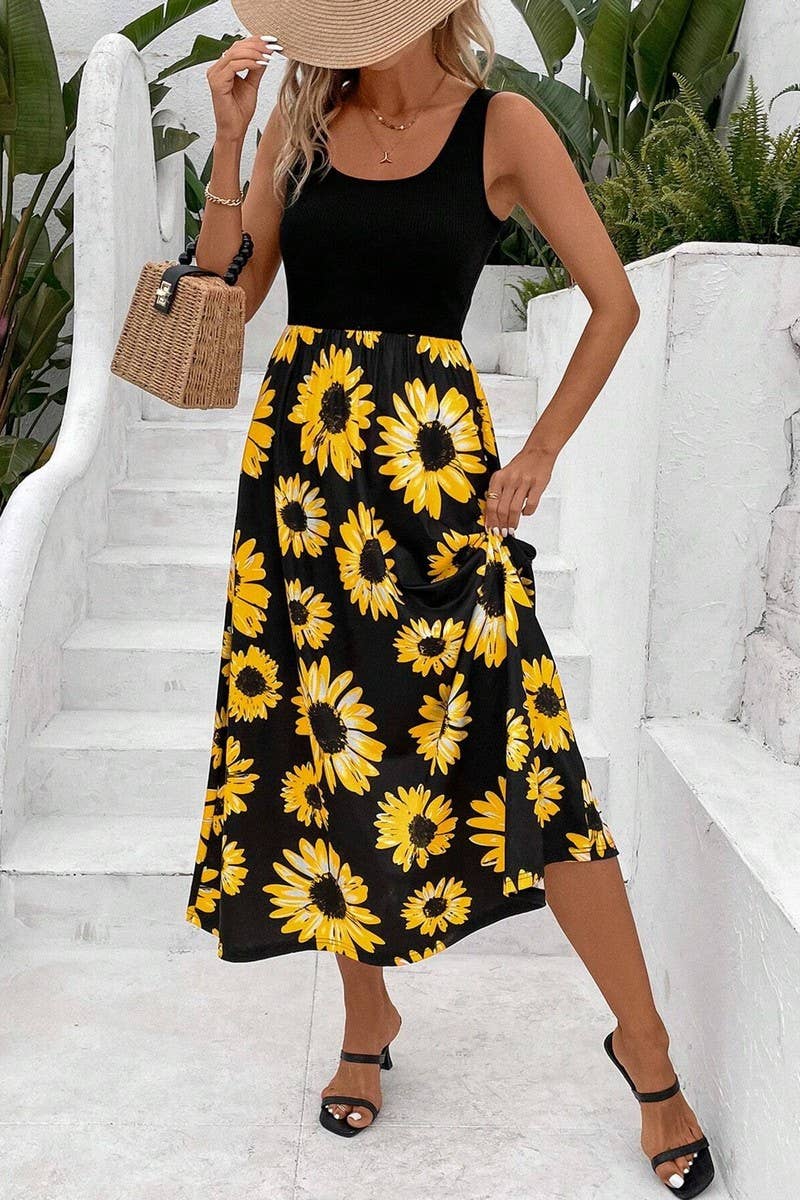 CWDMD4446_SUNFLOWER PRINT PATCHWORK SLEEVELESS DRESS