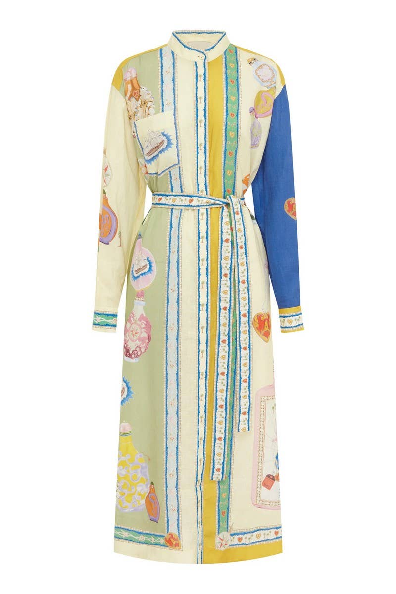 CWDMD5746_COLORBLOCK COTTON AND LINEN PRINT LACE-UP DRESS