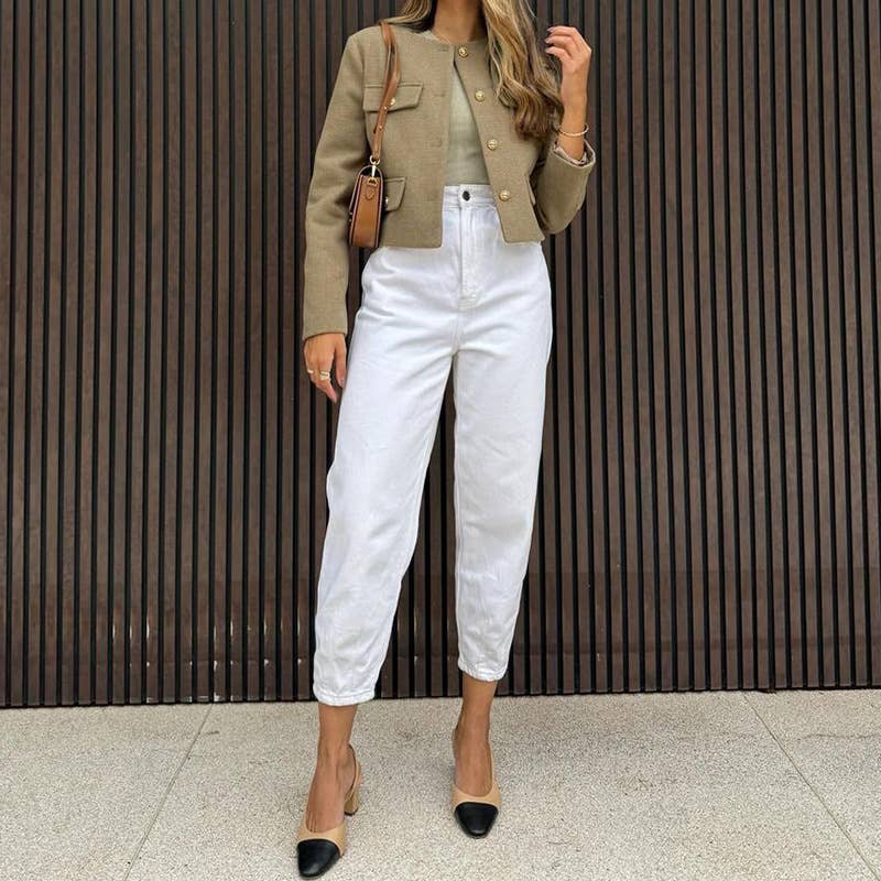 TEMPERAMENT SOLID COLOR ROUND NECK SHORT COAT