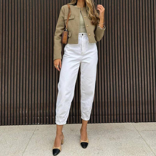 TEMPERAMENT SOLID COLOR ROUND NECK SHORT COAT