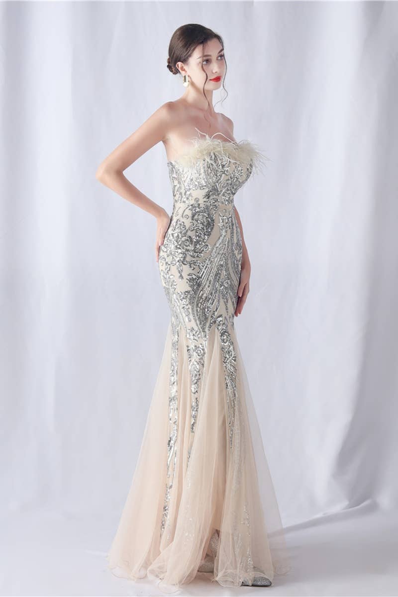 CWDMD3628_FURRY STRAPLESS SEQUIN EVENING DRESS LONG