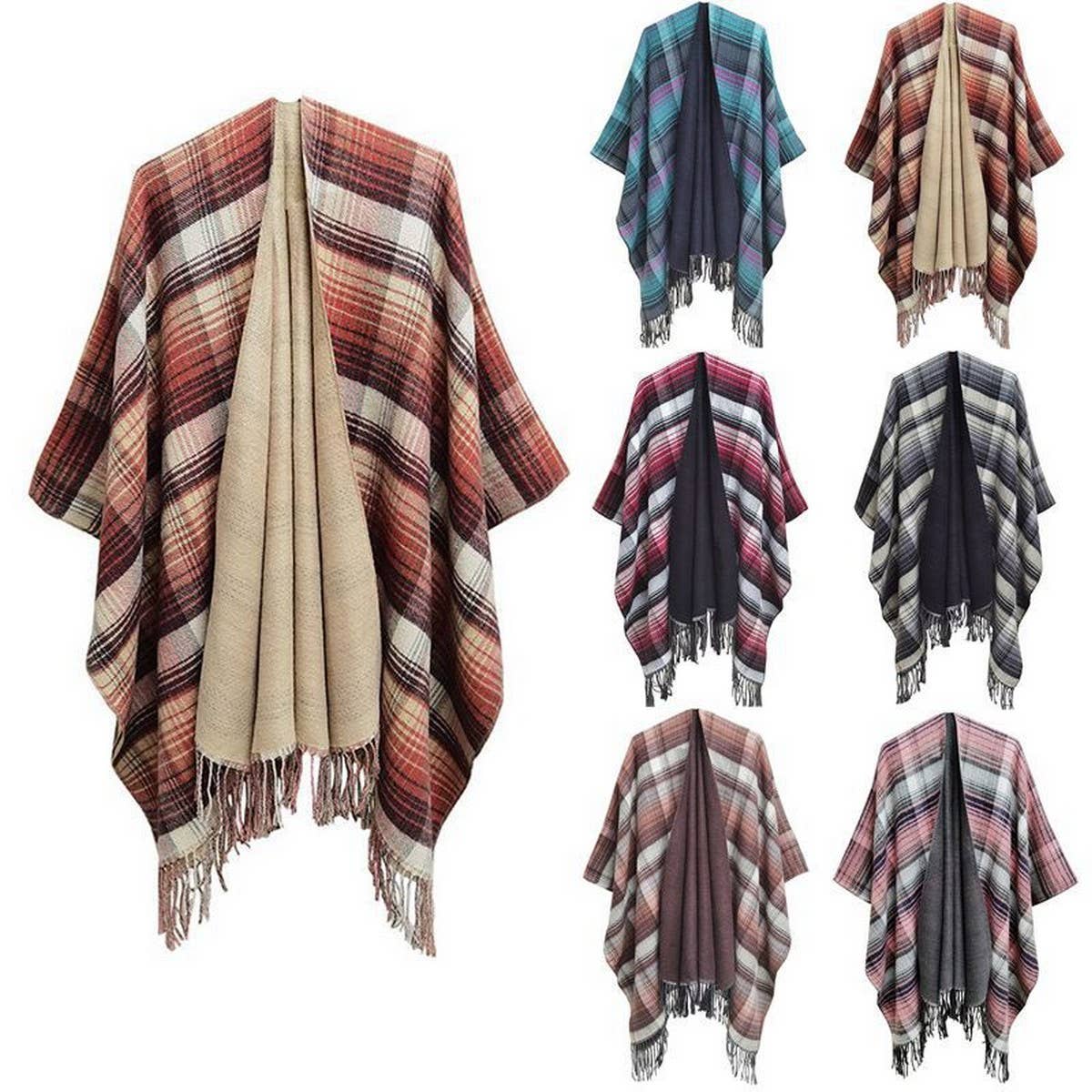 MULTI-COLOR SPLIT SHAWL CLOAK WITH GRADIENT LINES