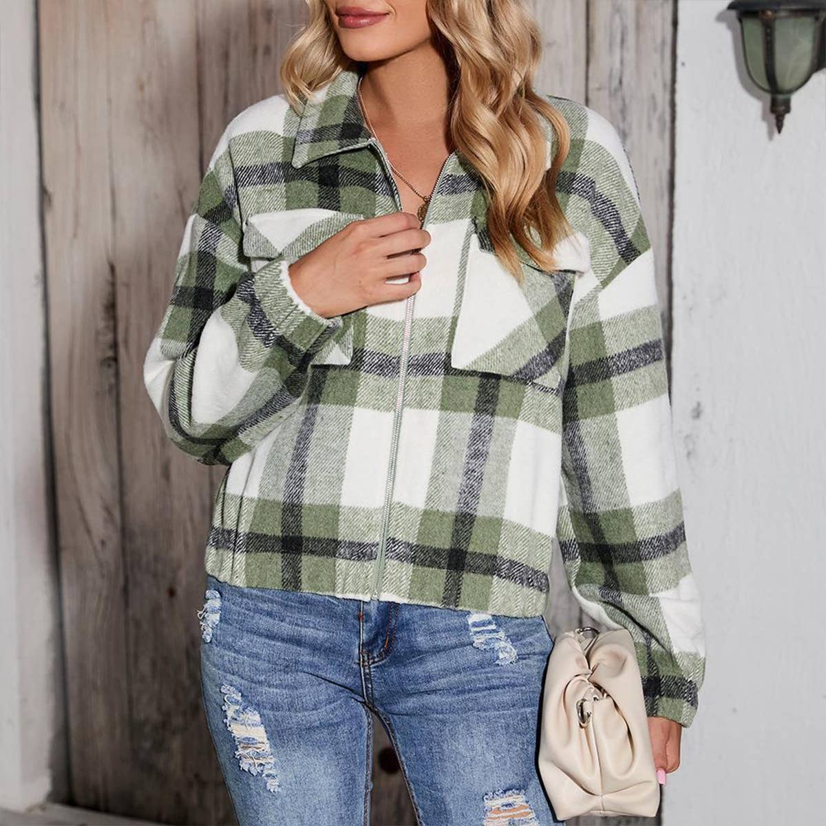 Printed Plaid Jacket With Zipper Pocket