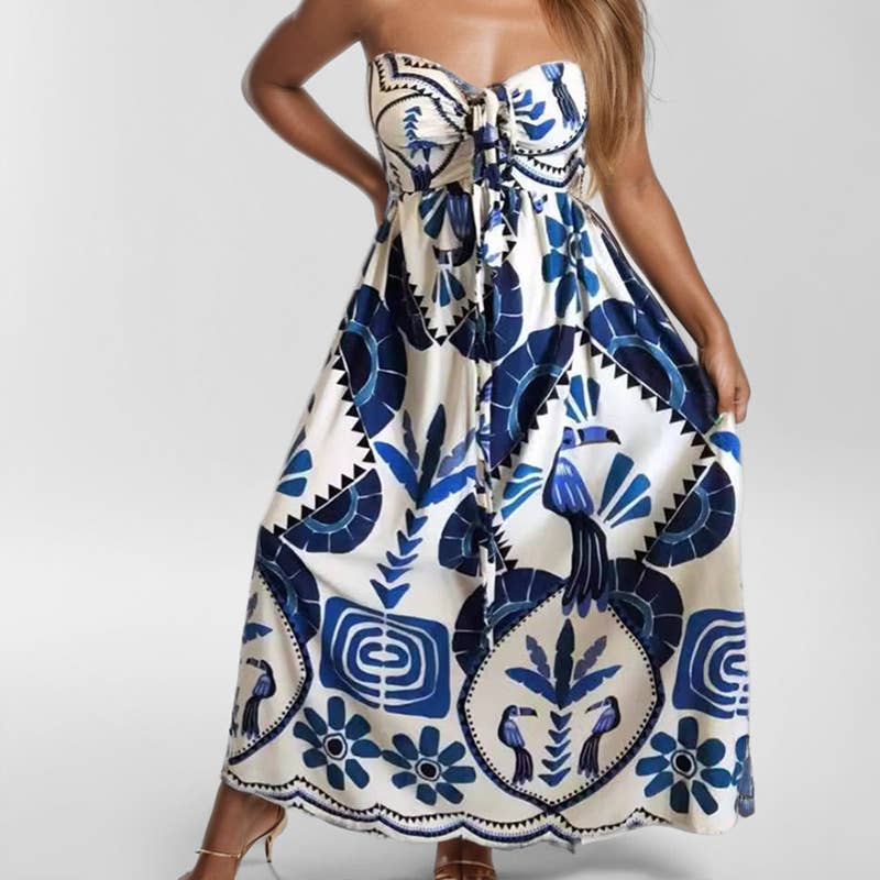 Print fashion halter halter lace-up loose dress