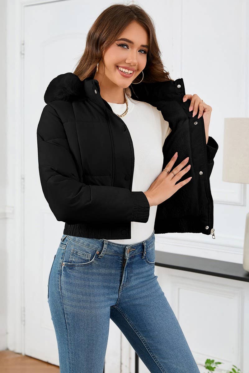 CWOCO0948_SHORT THICK FUR COLLAR HOODED PLUSH COTTON COAT