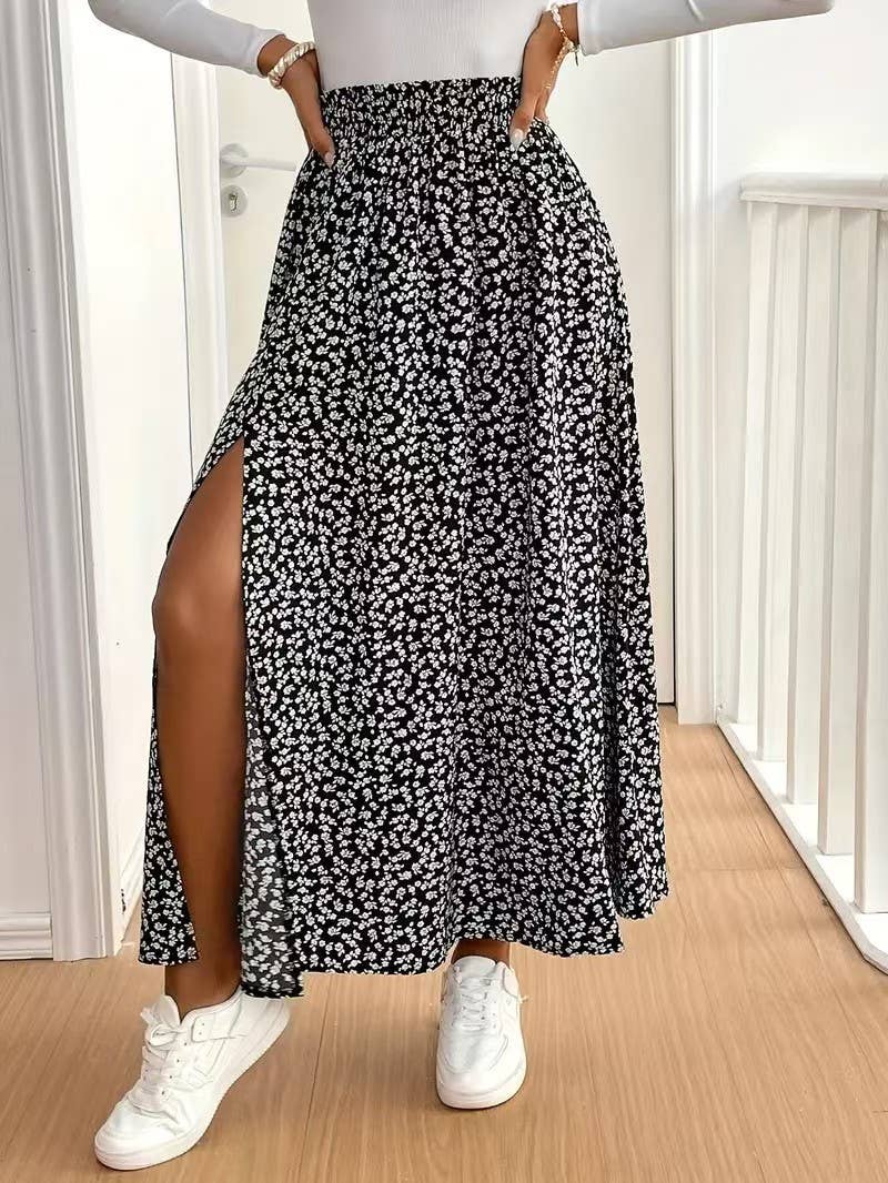 Slit A-line body-hugging mid-waist floral skirt