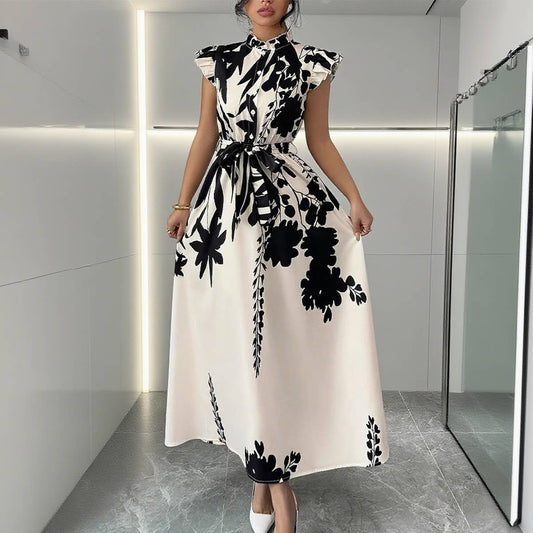 Ethnic-style stand-up collar cinched waist dress