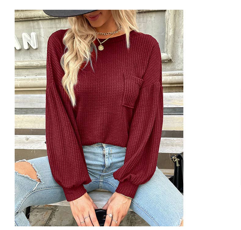 Lantern-shaped long-sleeved backless waffle top