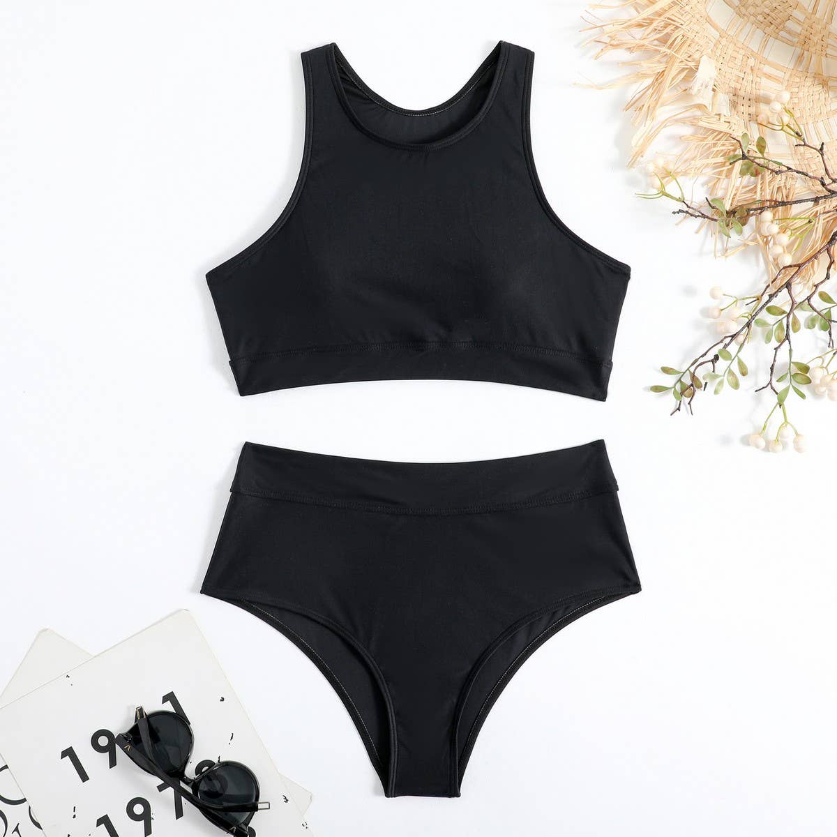 High Waist Bikini Set - Solid Color Swimsuit