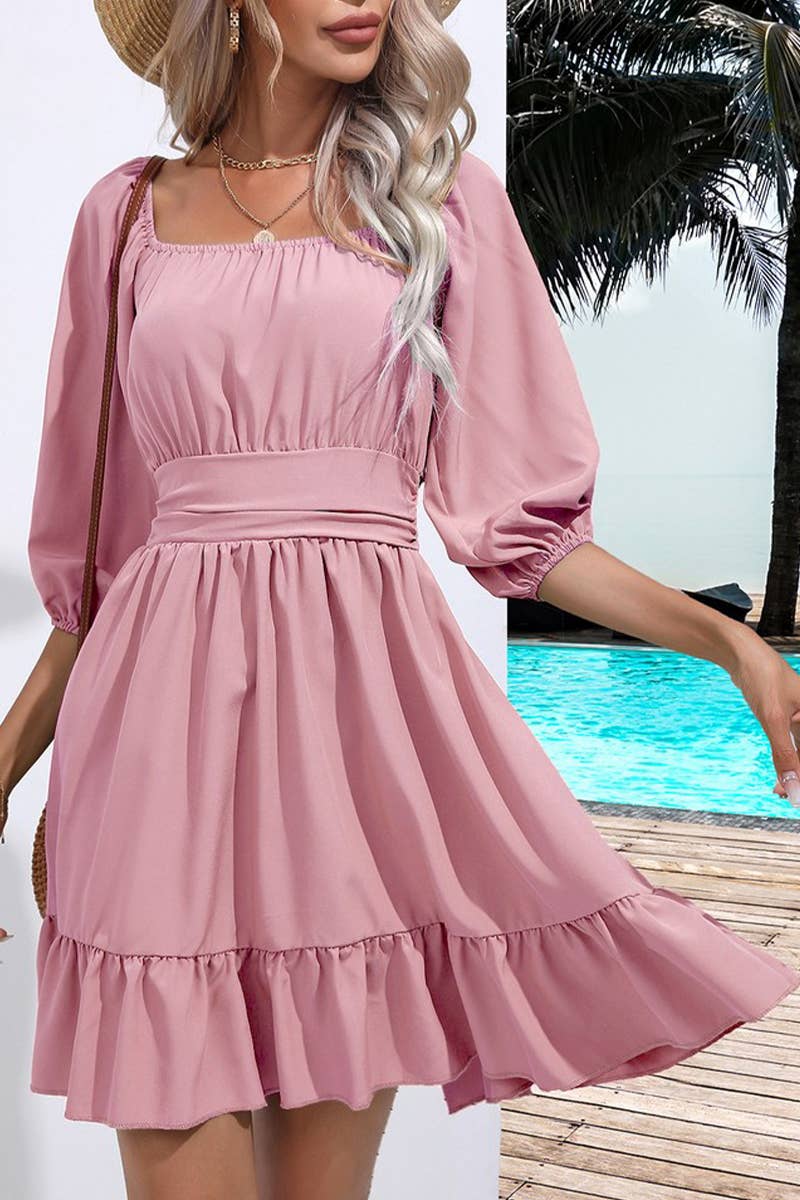 CWDSD7390_SUMMER RUFFLED SQUARE NECK TIE SHORT DRESS