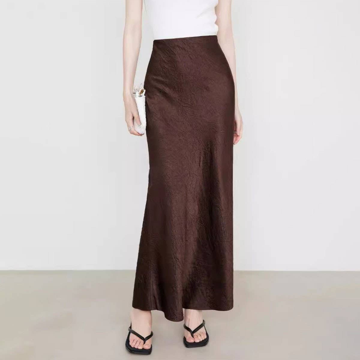SATIN SKIRT HIGH WAIST ELASTIC PATTERN LONG SKIRT