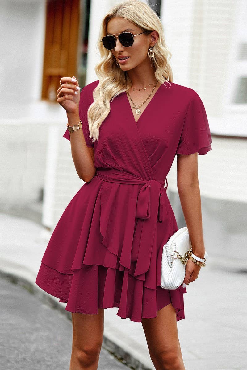 CWDSD2346_V-Neck Wrap ruffle Sleeve Floral Print Mini Dress