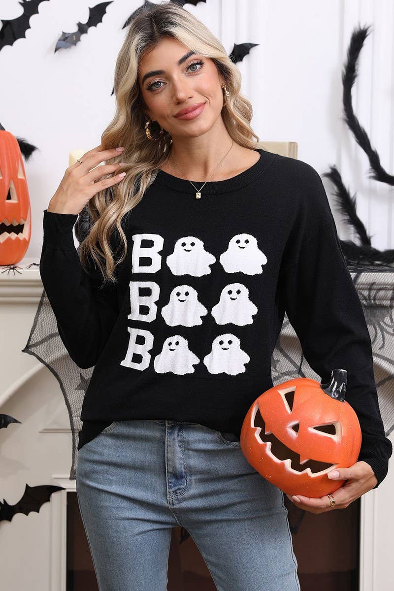 CWOSWL07356_HALLOWEEN EMBROIDERED CASUAL CREWNECK TOP