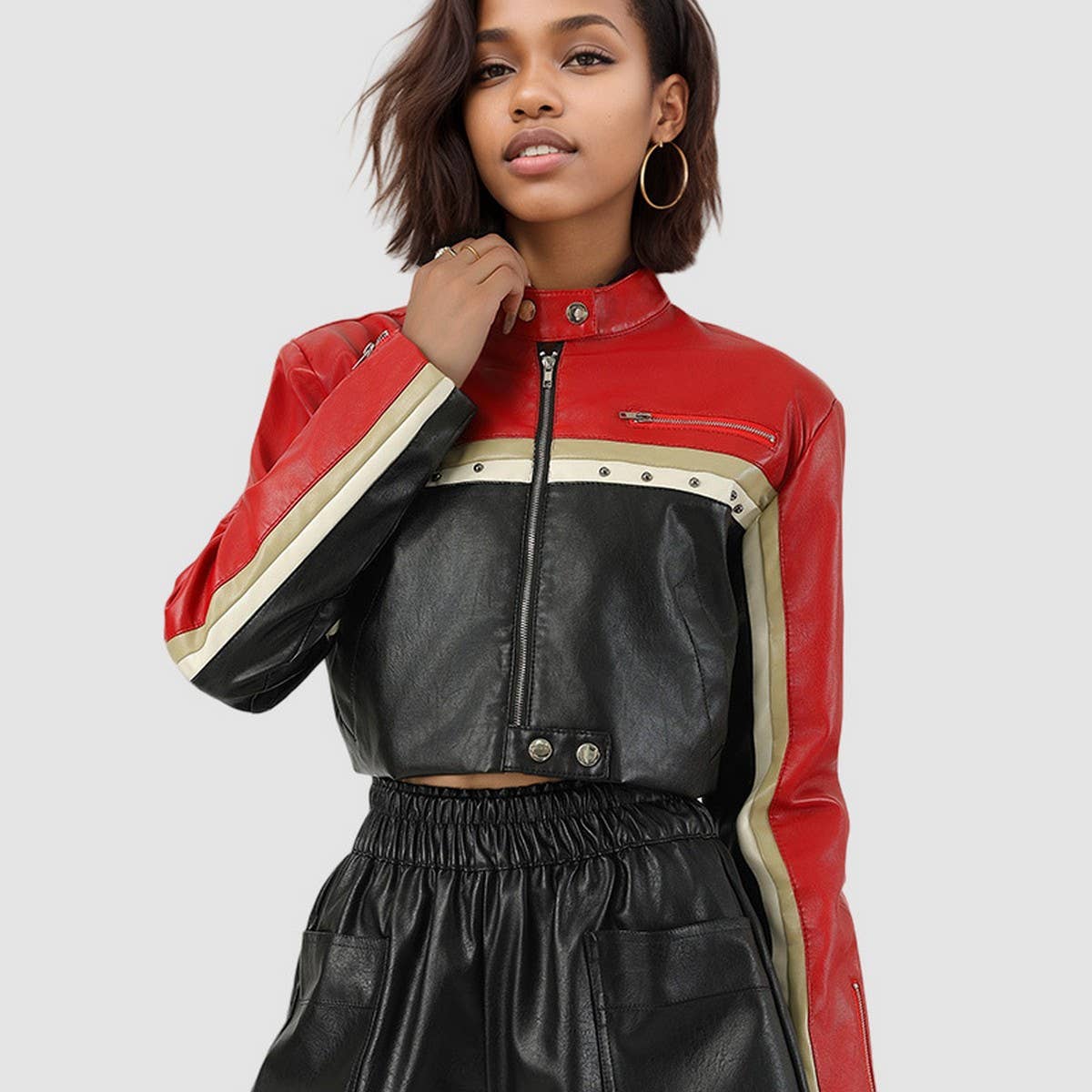Cropped PU Moto Jacket Women Patchwork Stand Neck