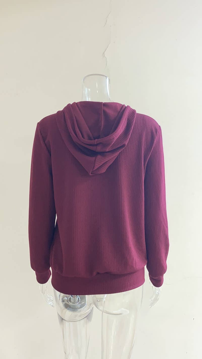 SOLID COLOR KNIT ZIPPER HOODED CARDIGAN COAT