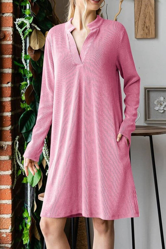CWDSD6681_SOLID COLOR V-NECK LONG SLEEVE LOOSE DRESS