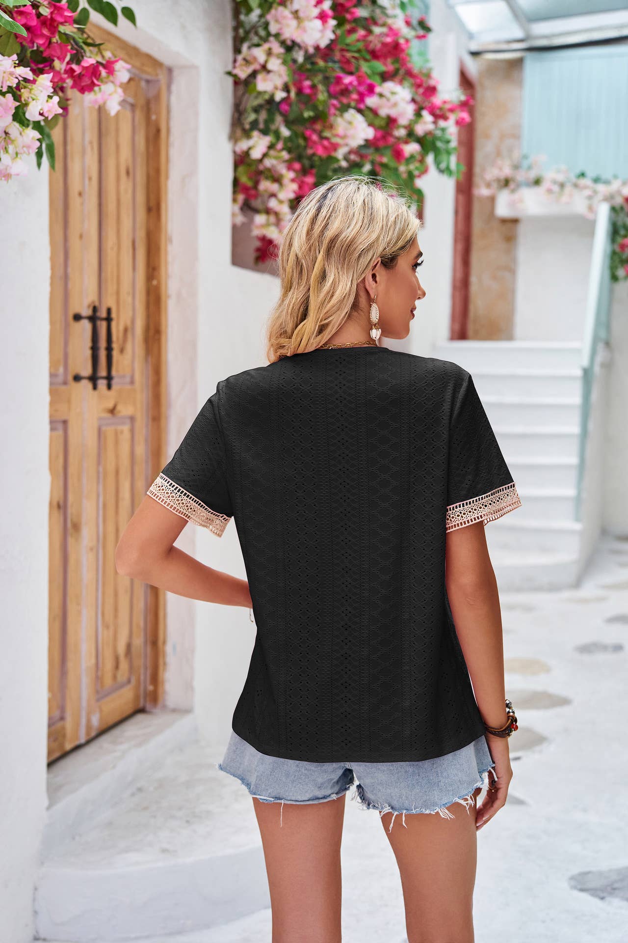 V-neck lace patchwork solid short sleeve top