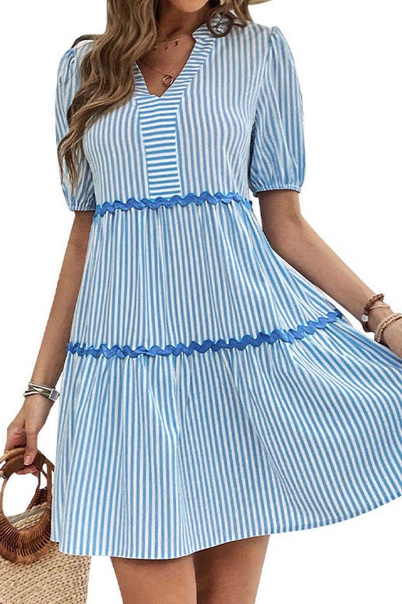 CWDSD4283_VERTICAL STRIPED STAND COLLAR LACE DRESS