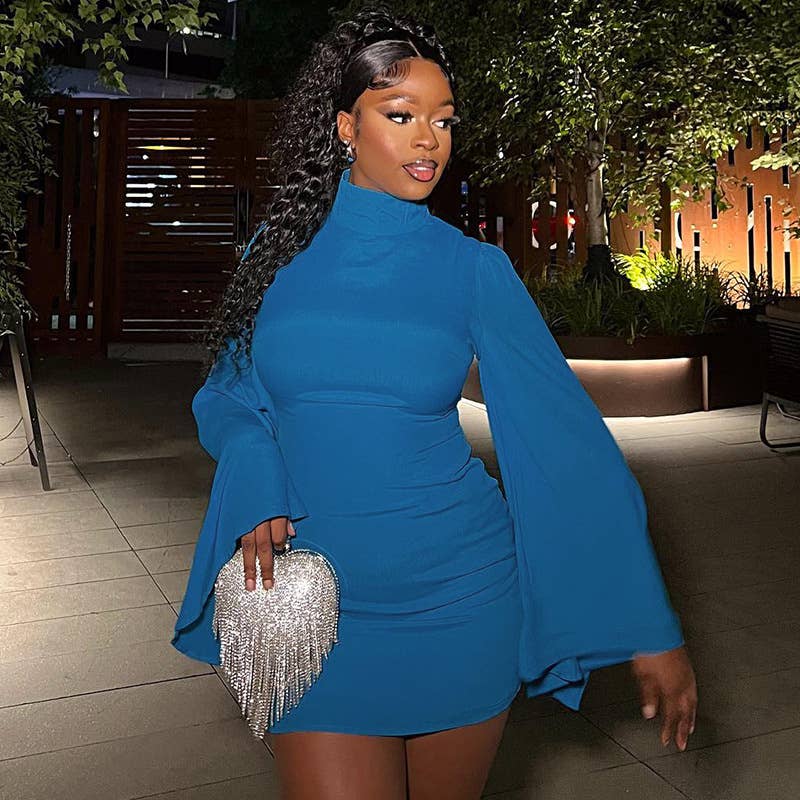 STYLISH TURTLENECK SOLID COLOR WRAP HIP DRESS