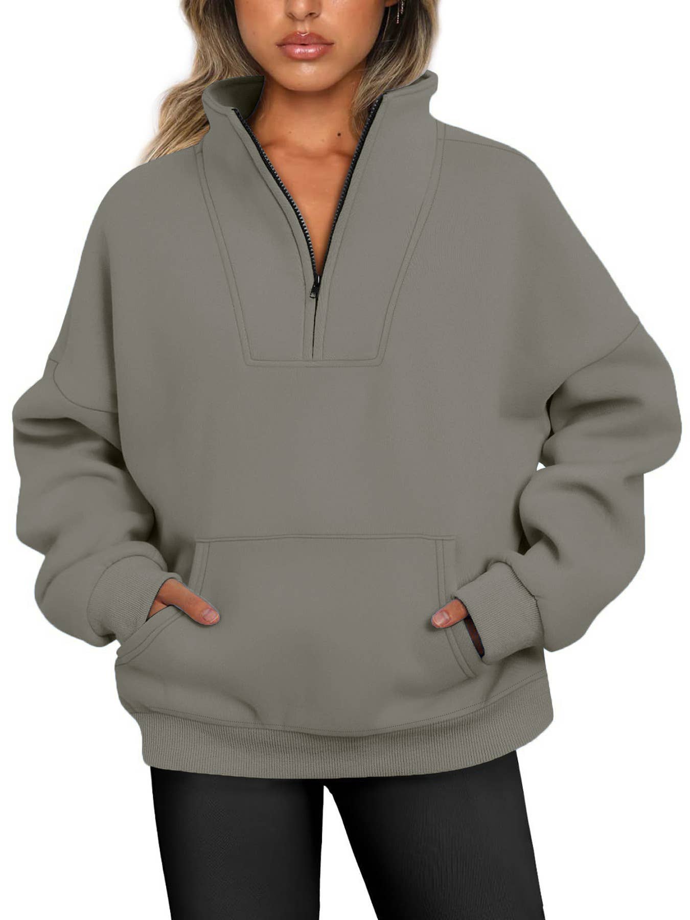 ZIPPER LOOSE STAND COLLAR SOLID COLOR HOODIE