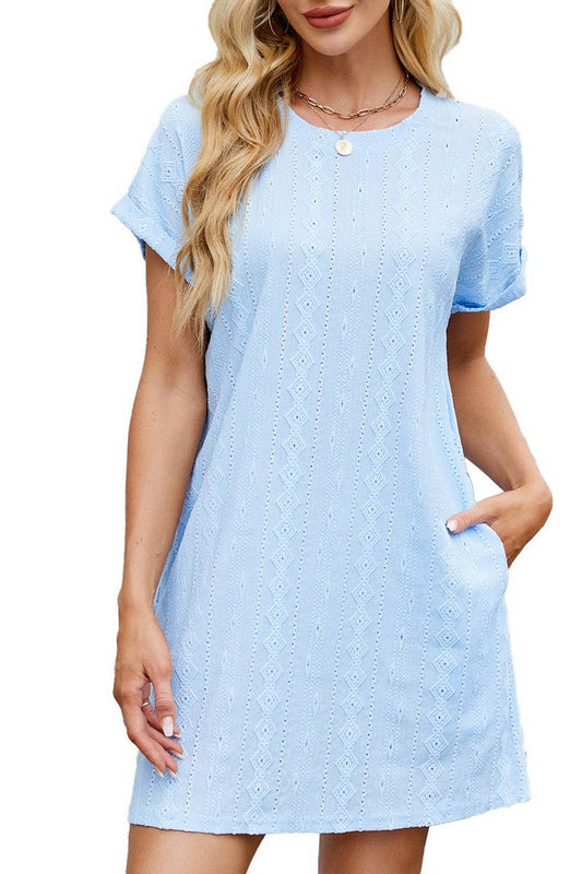CWDSD7281_SOLID COLOR ROUND NECK SHORT SLEEVE POCKET DRESS