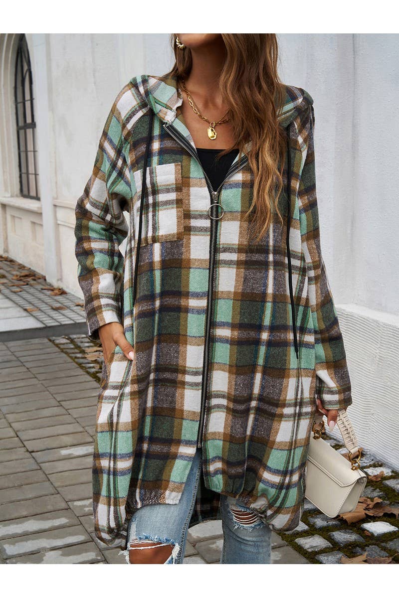CWOCO0236_Casual Baggy Plaid Long Sleeved Zipper Hooded Coat
