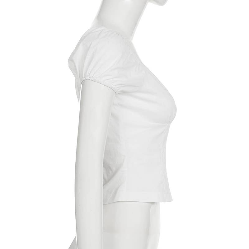 Hook-button lace patchwork puffed sleeve T-shirt