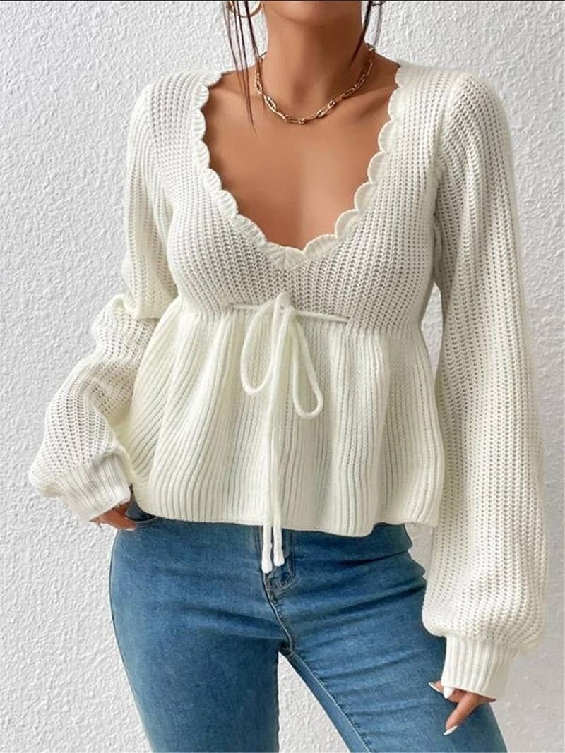 V-neck drawstring tie ruffled hem knit sweater