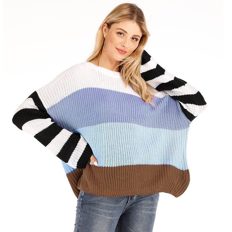 STRIPED SPLICED PULLOVER SWEATER IN INTERCOLOR