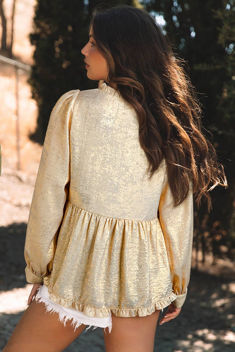SOLID COLOR RUFFLED V-NECK BUBBLE SLEEVE PULLOVER