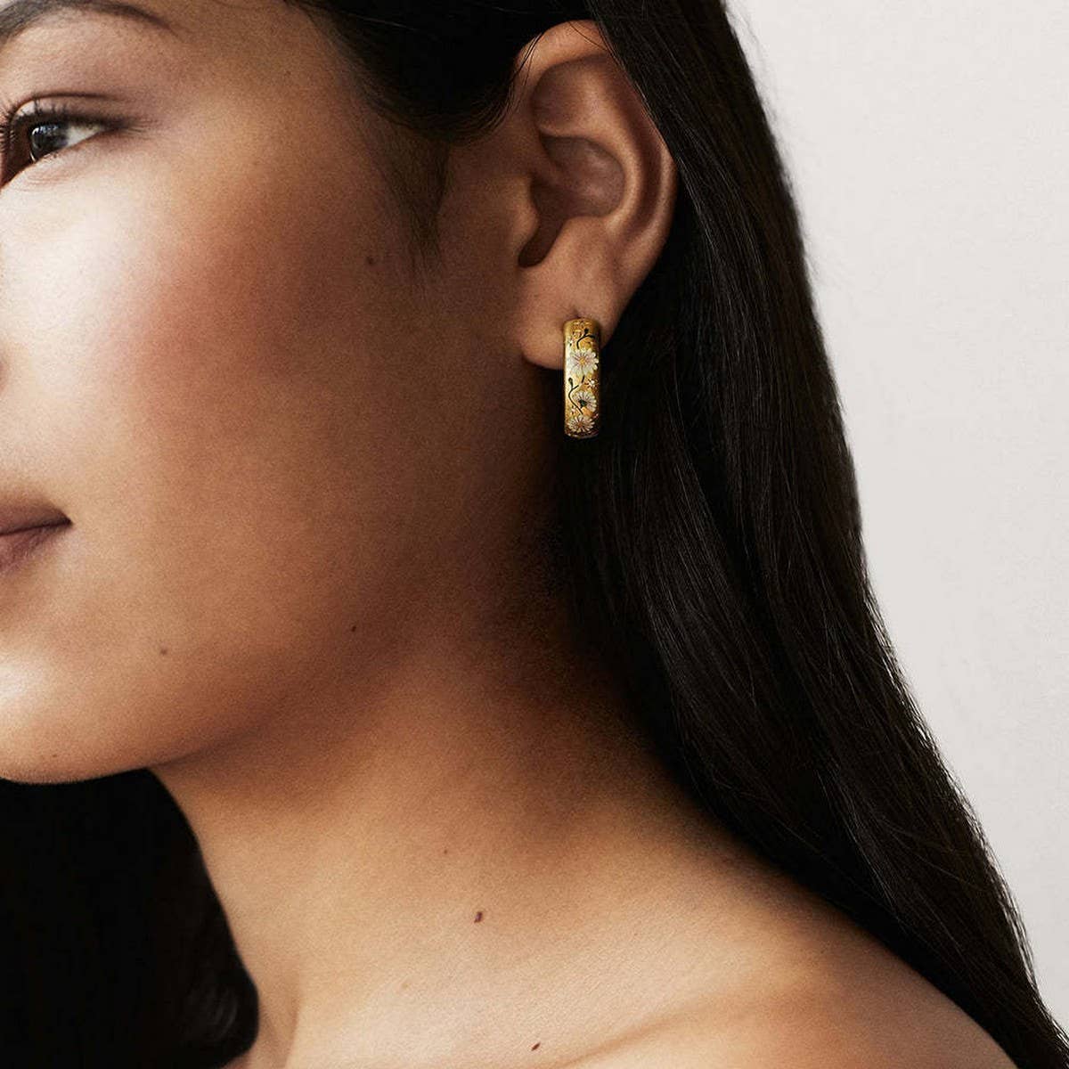 Enamel Floral Rose C Hoop Earrings Gold Stainless