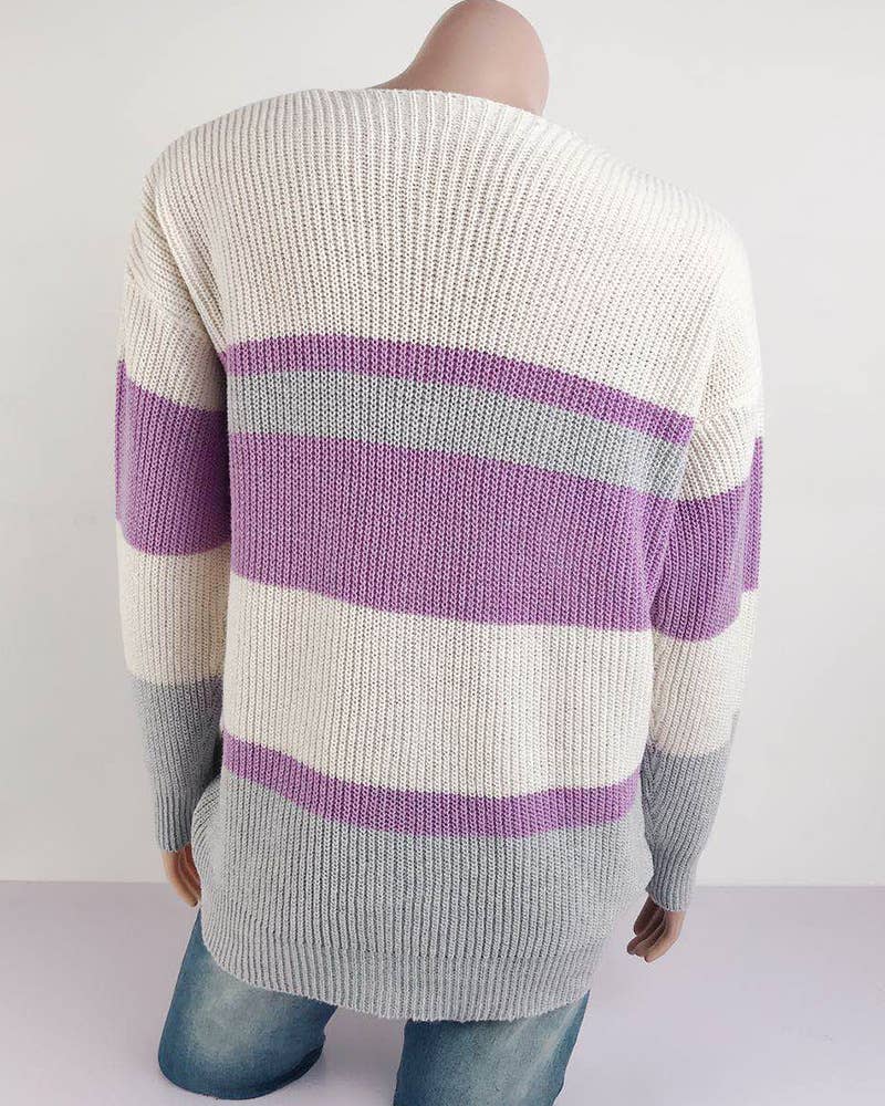 V-NECK BUTTON-STRIPED PATCHWORK SWEATER CARDIGAN