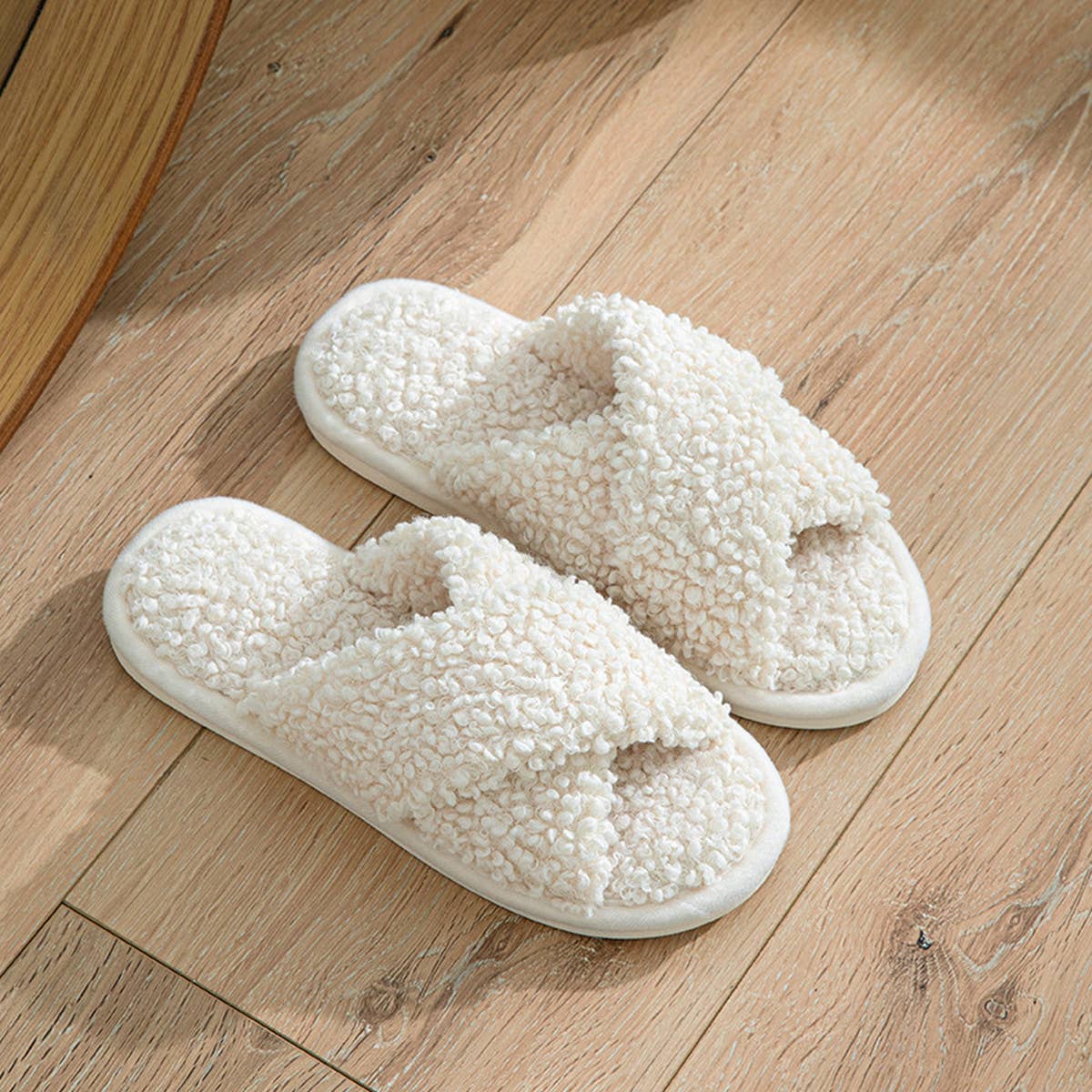 FURRY CROSS STRAP COTTON SLIPPERS