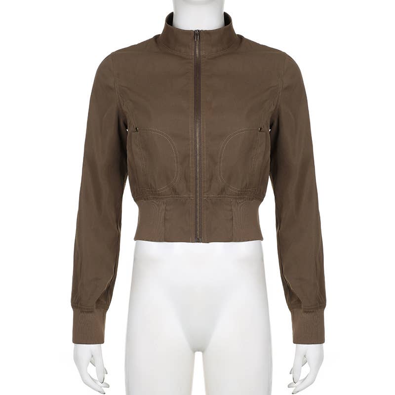 Waist-cinching zipper stand-up collar jacket