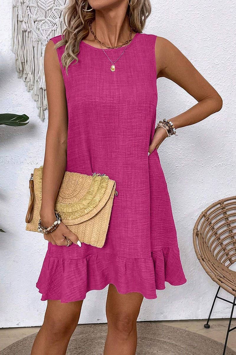 CWDSD7395_SOLID COLOR RUFFLE SLEEVELESS CASUAL TANK DRESS