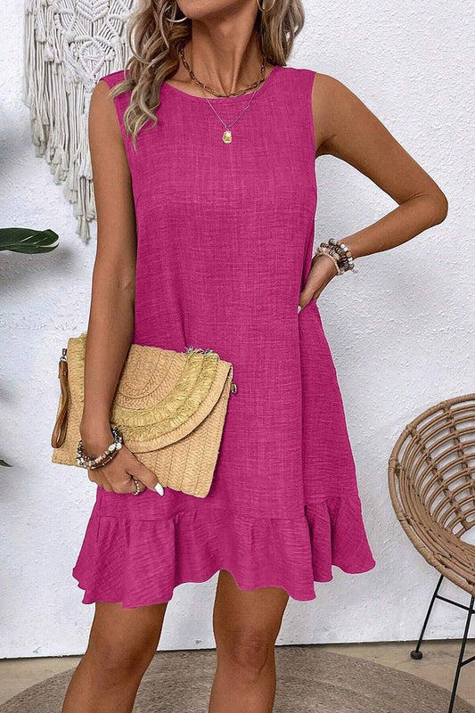 CWDSD7395_SOLID COLOR RUFFLE SLEEVELESS CASUAL TANK DRESS