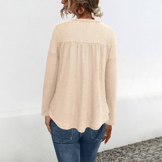Half-Breasted Check Solid Color Long-Sleeved Top