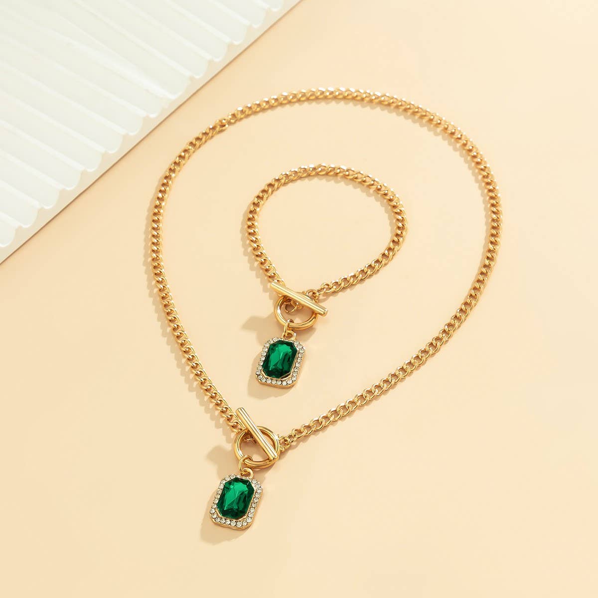 SIMPLE GREEN GEMSTONE NECKLACE BRACELET SET_CWAJE1168