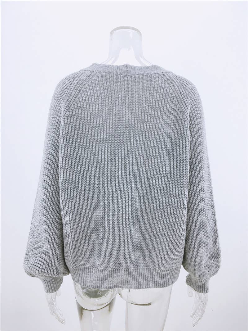 SOLID COLOR BUTTON-DOWN V-NECK SWEATER