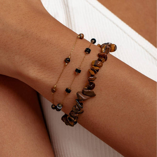 IRREGULAR NATURAL TIGER EYE STONE GOLD BEADBRACELET