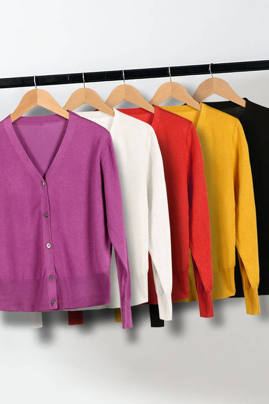 CWOCAL0333 Button Down Sleeve  V-Neck Cardigan Sweater