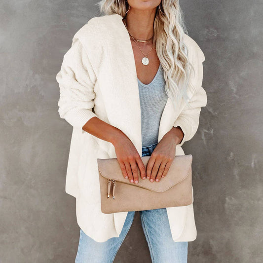 LONG SLEEVE CASUAL HOODED SOLID COLOR CARDIGAN