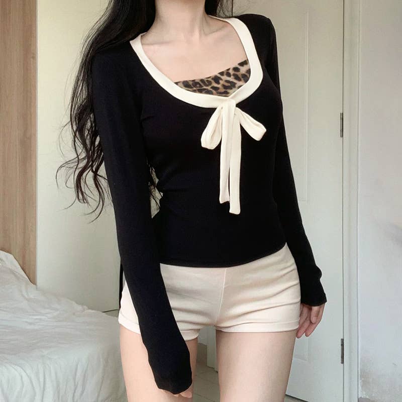 U NECK LEOPARD PRINT BOW PATCHWORK FAKE TWO TOPS