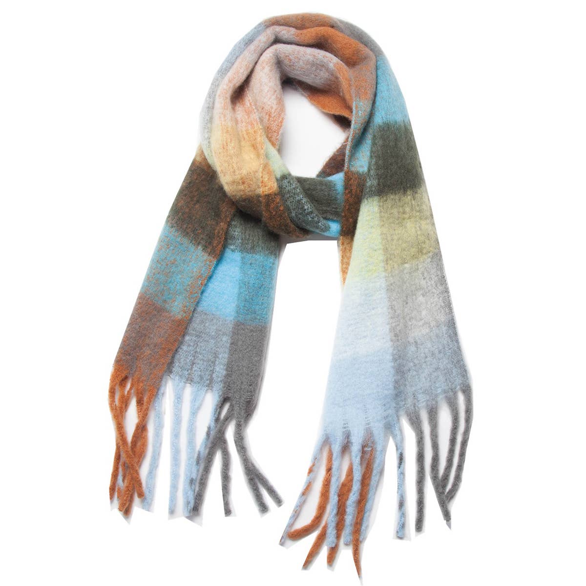 Chunky Plaid Mohair-Look Scarf with Fringes