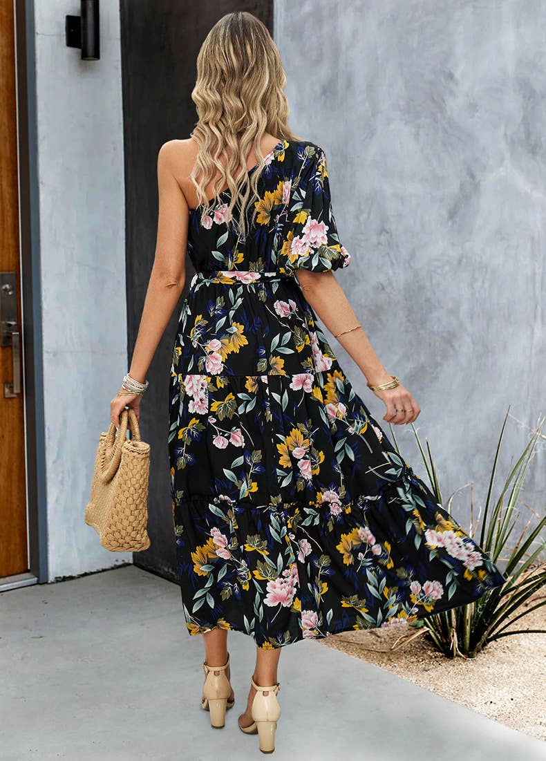 SLANT SHOULDER PRINTED LANTERN SLEEVE DRESS